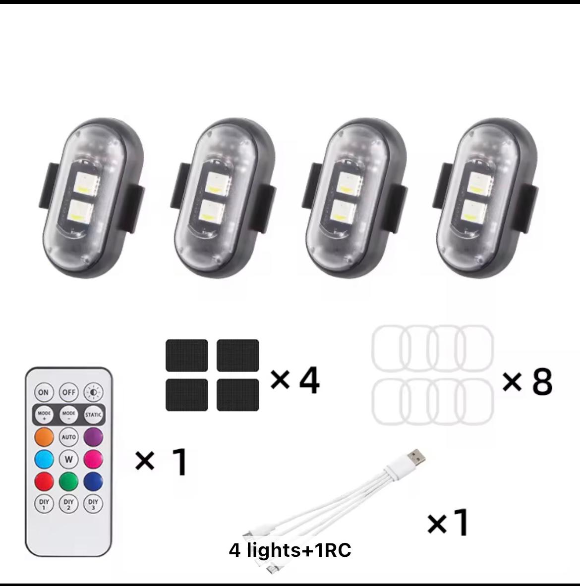 Wireless LED Strobe Light Kit for Car & Motorcycle – 8 RGB Colors - Flash/Steady - 3500mAh Battery, IP65 Waterproof, Remote Control, Anti-Collision, USB Rechargeable - Long Battery